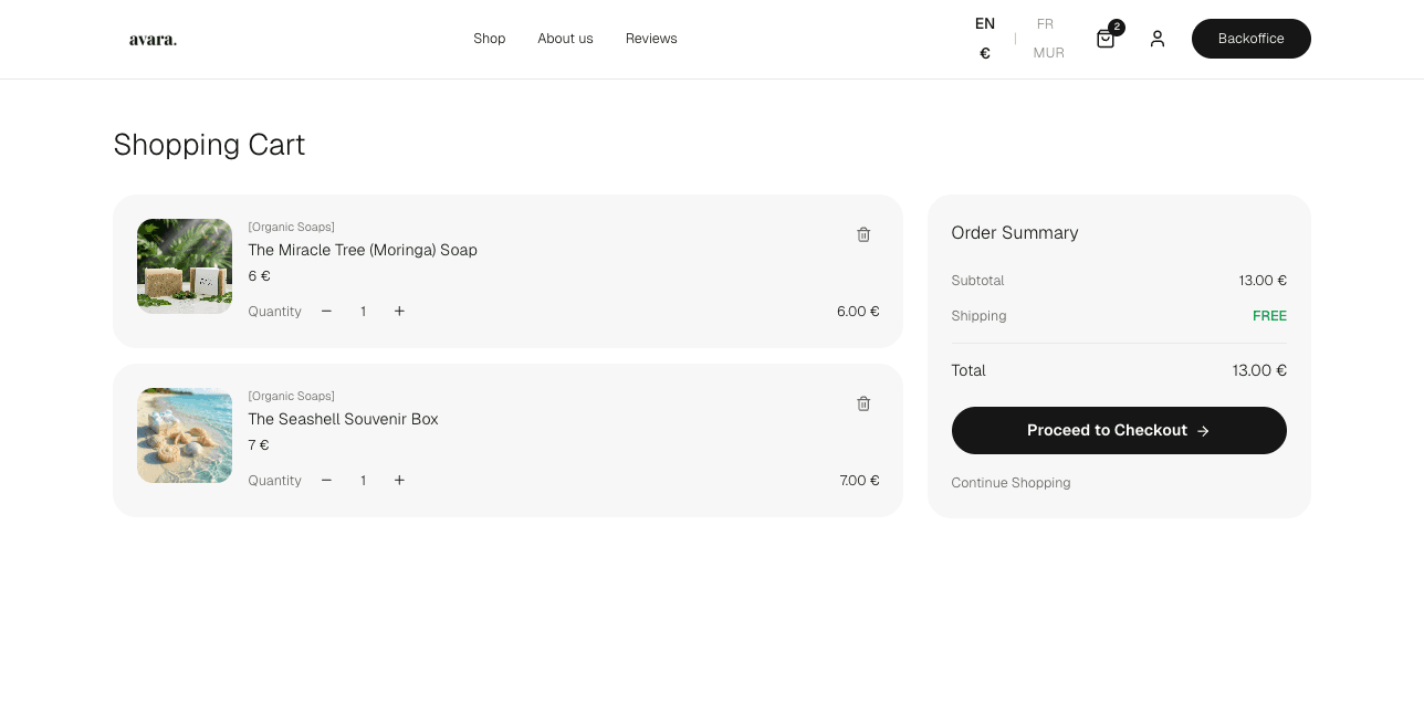 Avara Boutique cart page