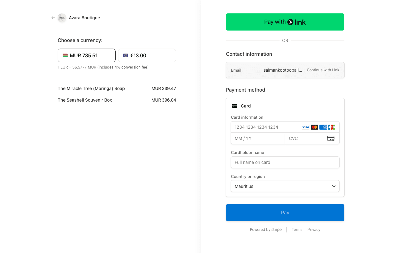 Avara Boutique checkout page
