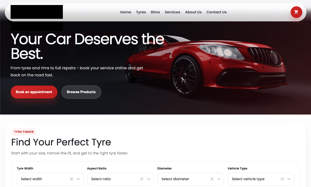 Garage tyres website homepage